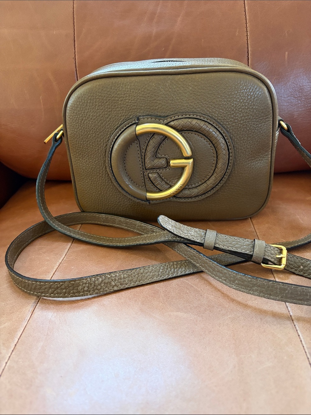 Gucci Brown Pebbled Leather GG Marmont Camera Crossbody with Gold Hardware